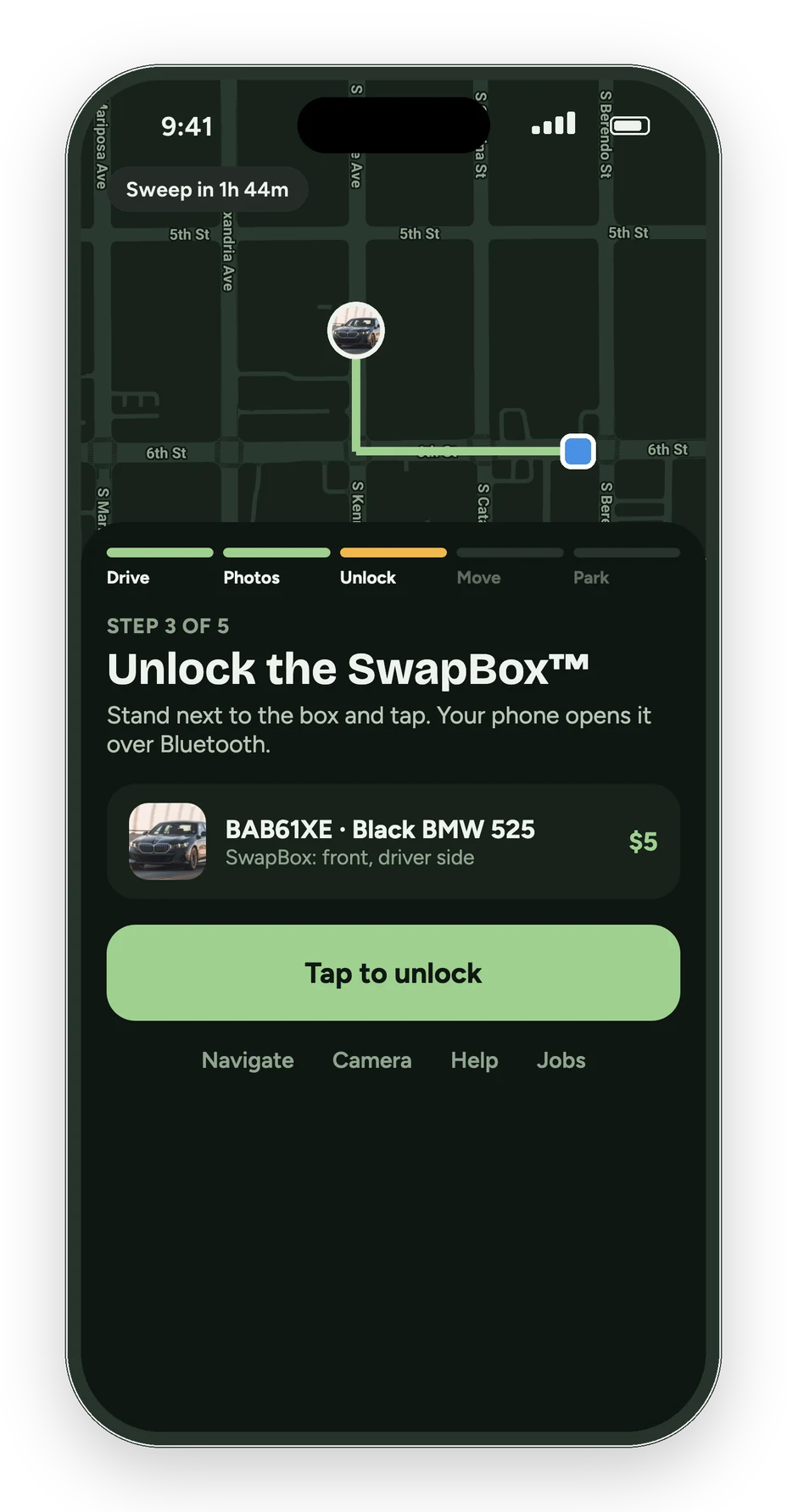 Curbswap driver app: tap to unlock the SwapBox over Bluetooth