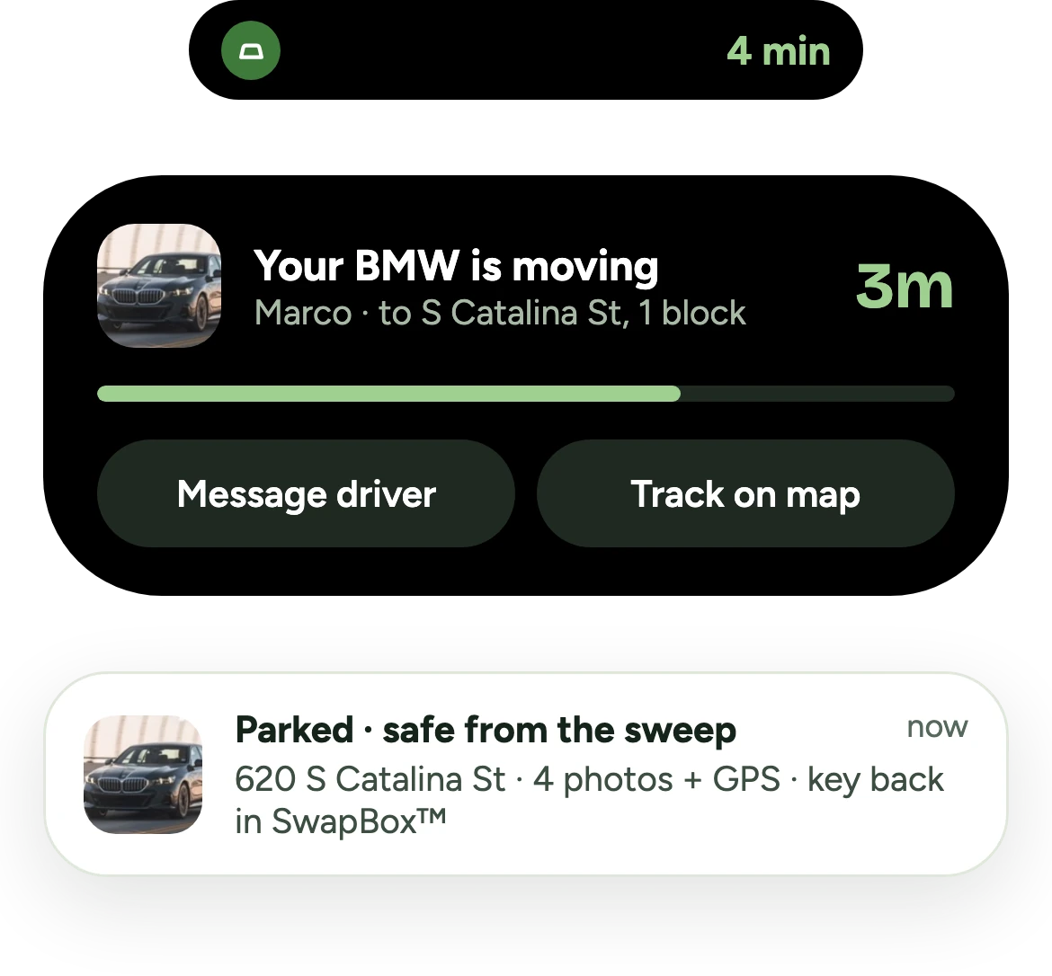 Curbswap Live Activity in the Dynamic Island: driver on the way, your car moving, and a parked notification