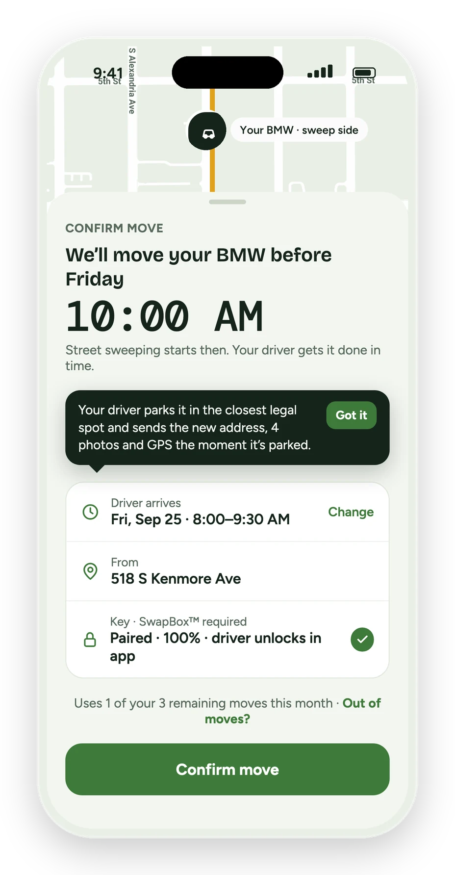 Curbswap app: confirm a Curbswap before the 10:00 AM sweep