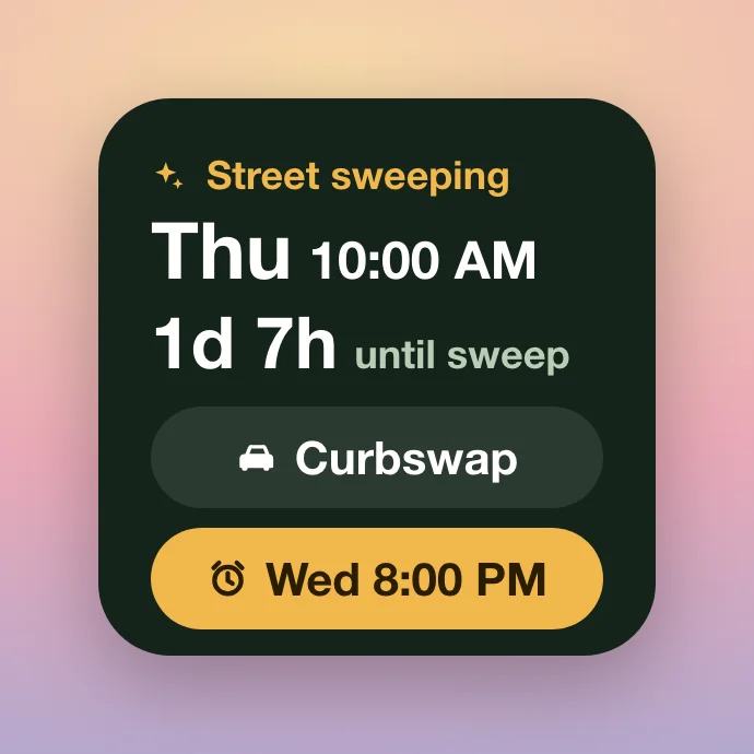 Small Curbswap widget showing the next street sweep and a Set alarm button