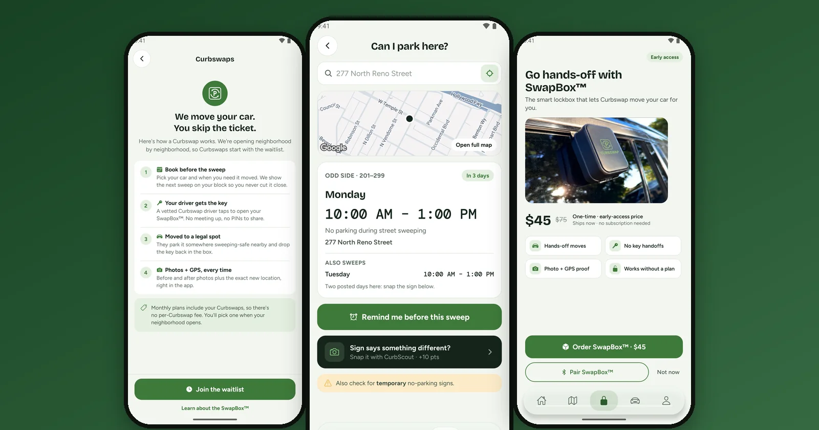 Three Android phone screens from the Curbswap app showing how Curbswaps work, a street-sweeping rule lookup, and the SwapBox smart lockbox