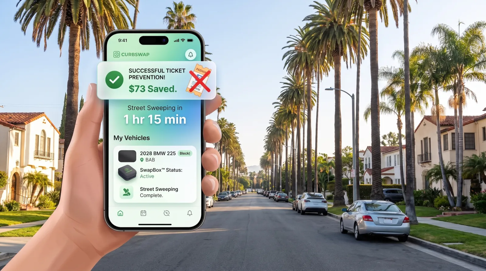 A person checking a parking app on their phone on an LA street