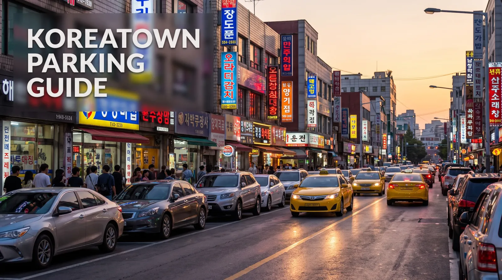 A dense Koreatown block with cars parked bumper to bumper