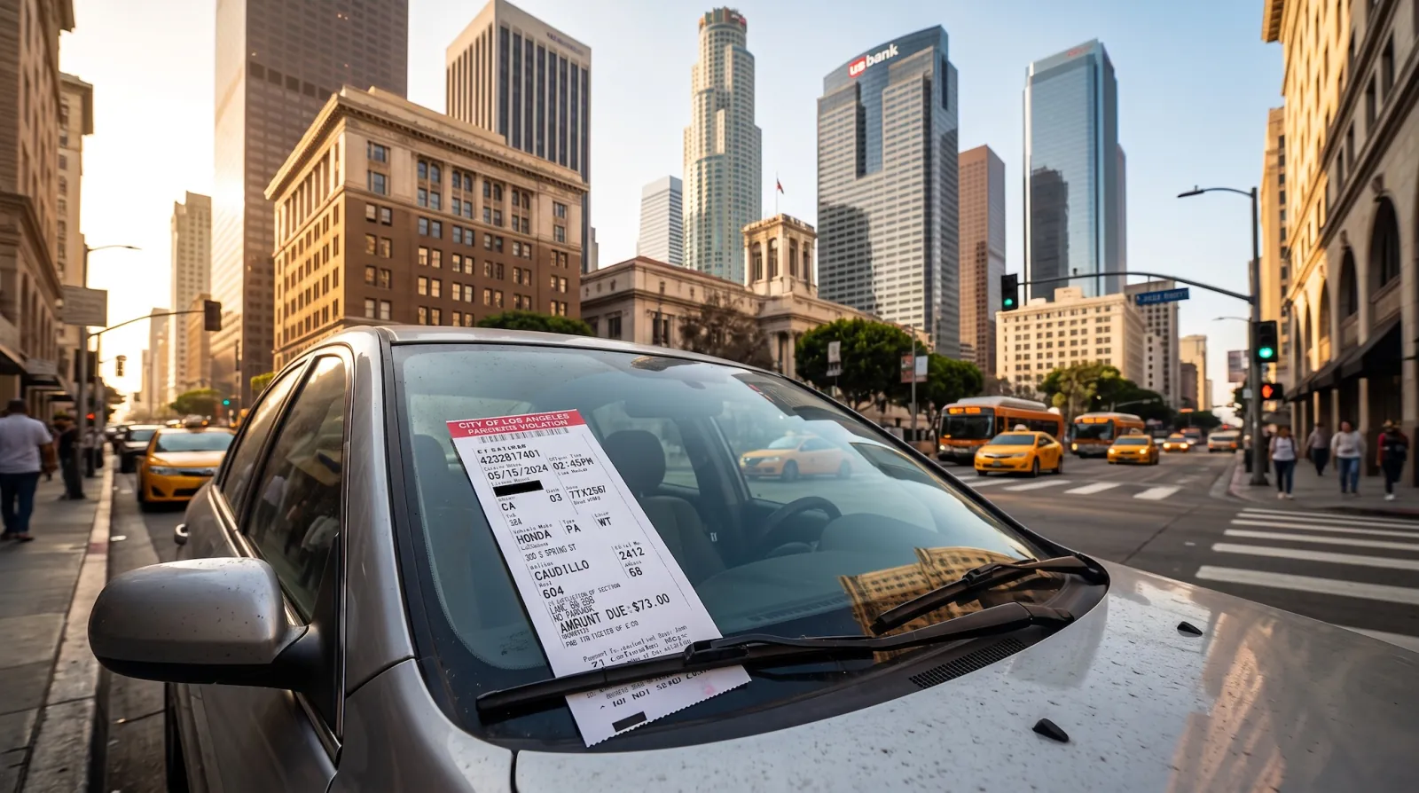 A parking citation on a windshield in Los Angeles