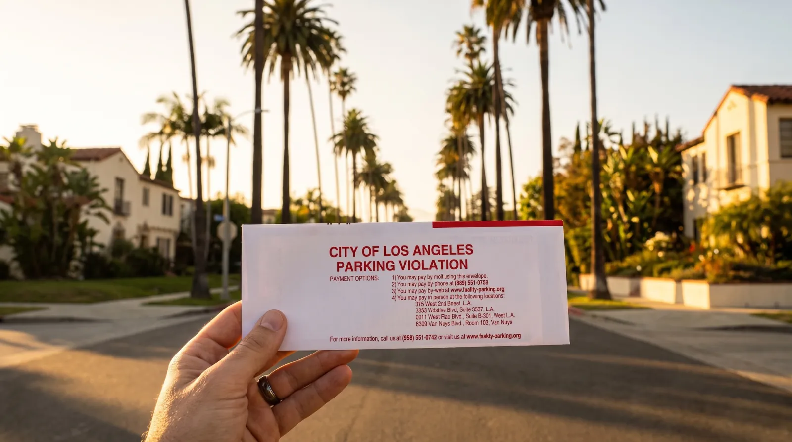 A parking ticket tucked under a windshield wiper on an LA street