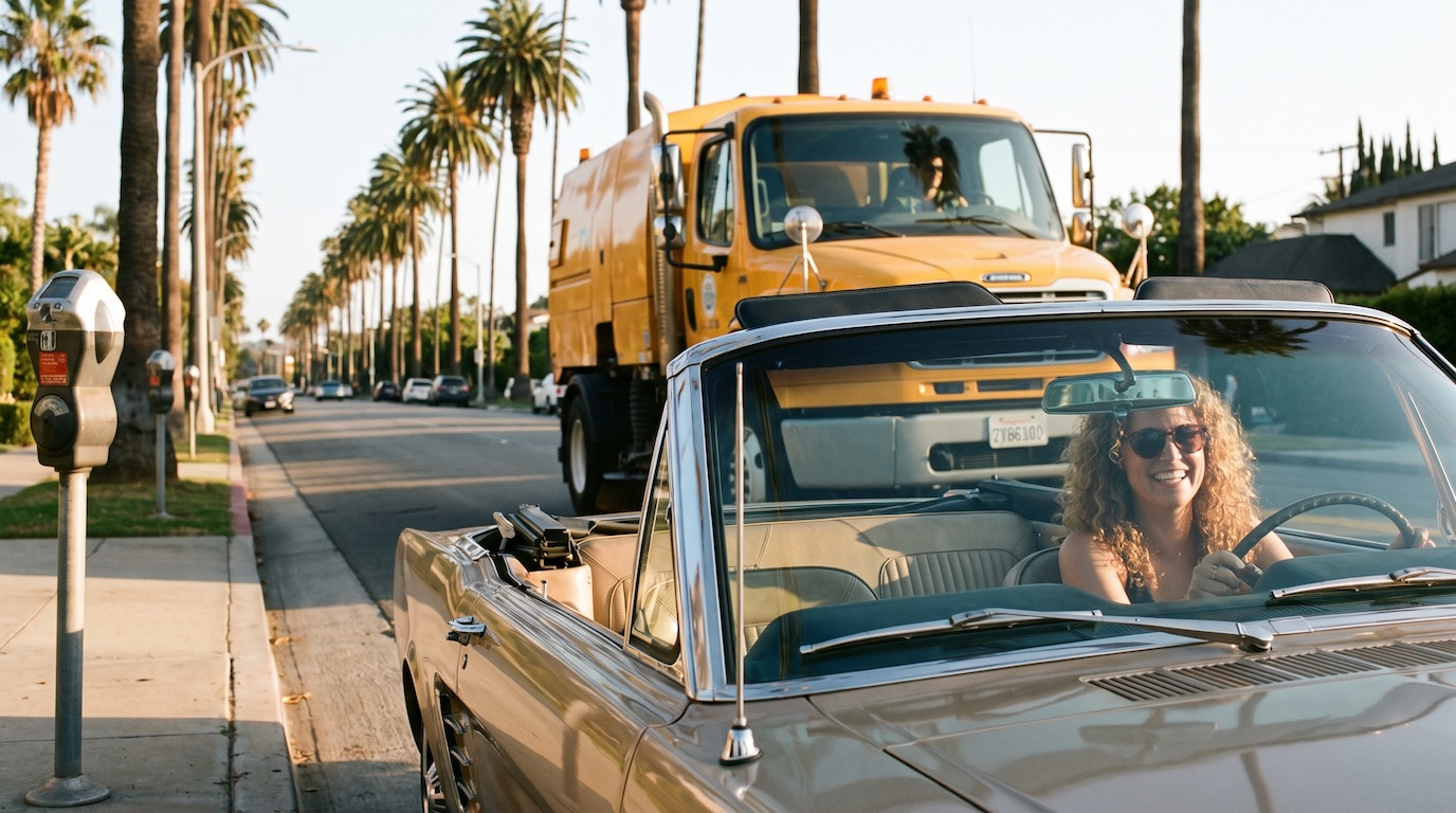 A driver holding a phone showing a Curbswap job card next to a parked car