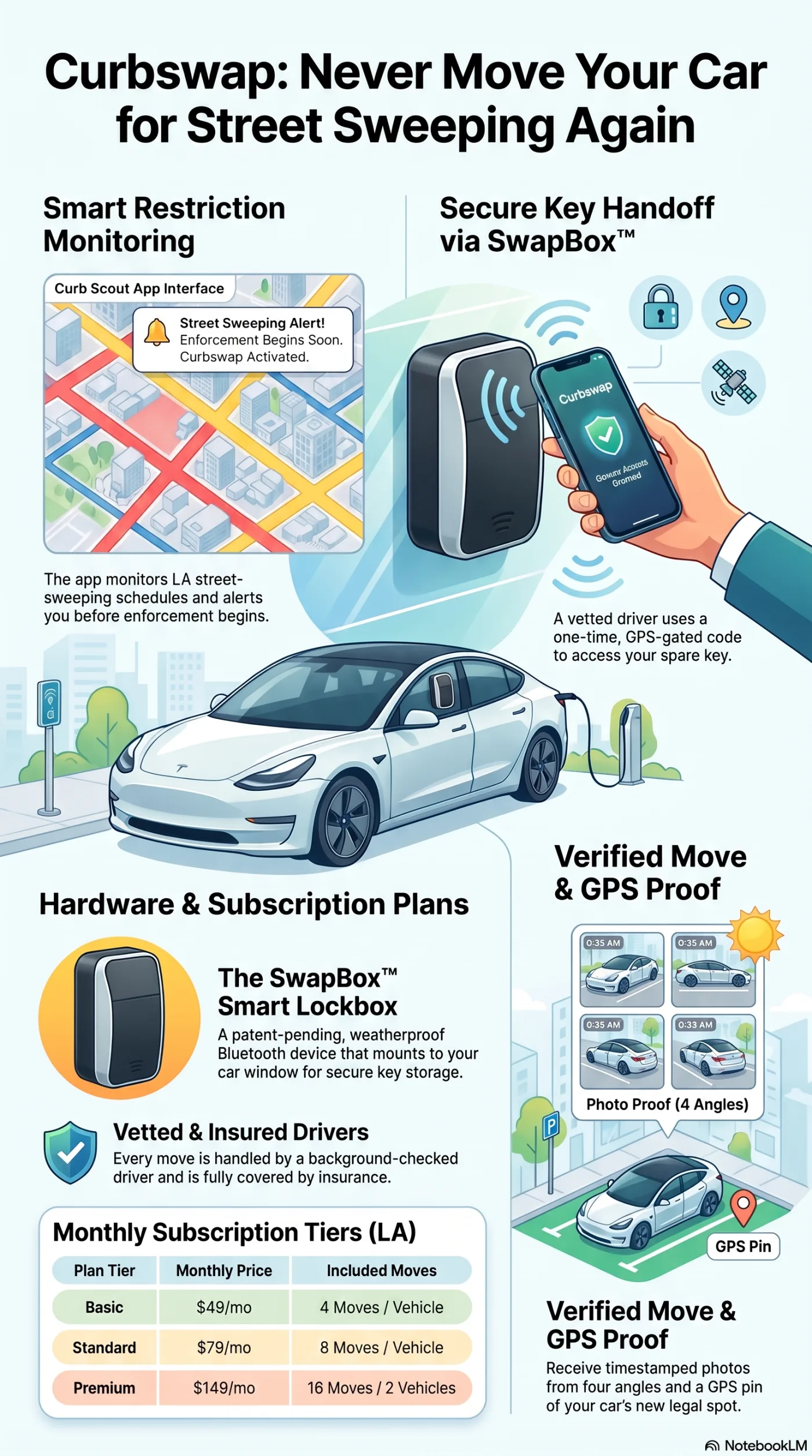 Diagram of the Curbswap relocation service: scheduling, driver dispatch, key handoff, and documented move
